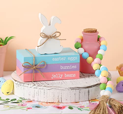 Easter Tiered Tray Decor, Spring Easter Decor for Table, Wood Book Stack with White Bunny and Bead Garland for Easter, Farmhouse Easter Mini Faux Decorative Books Bundle