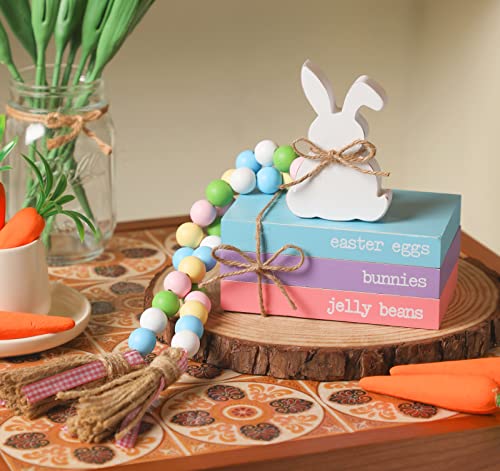 Easter Tiered Tray Decor, Spring Easter Decor for Table, Wood Book Stack with White Bunny and Bead Garland for Easter, Farmhouse Easter Mini Faux Decorative Books Bundle