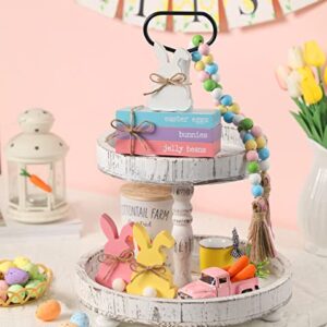 Easter Tiered Tray Decor, Spring Easter Decor for Table, Wood Book Stack with White Bunny and Bead Garland for Easter, Farmhouse Easter Mini Faux Decorative Books Bundle
