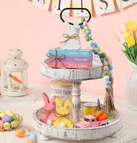 Easter Tiered Tray Decor, Spring Easter Decor for Table, Wood Book Stack with White Bunny and Bead Garland for Easter, Farmhouse Easter Mini Faux Decorative Books Bundle