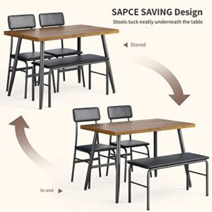 Gizoon Dining Table Set for 4, Kitchen Dining Table with Bench and 2 Chairs for Small Space, Apartment, Retro Brown