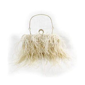 natural ostrich feather purse, evening clutch purses for women, vintage feather clutch with pearl decor beige