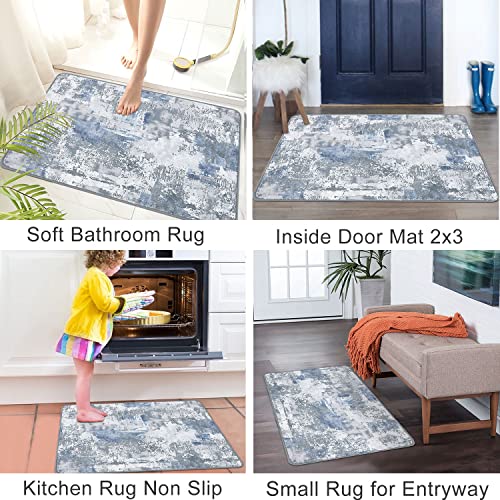 famibay 2x3 Rug Non Slip Modern Abstract Small Area Rugs for Bedroom Soft Flurry Throw Rugs with Rubber Backing Low Pile Indoor Washable Rugs Carpet for Entryway Bedroom Bathroom (Blue and Grey)