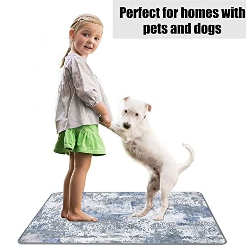 famibay 2x3 Rug Non Slip Modern Abstract Small Area Rugs for Bedroom Soft Flurry Throw Rugs with Rubber Backing Low Pile Indoor Washable Rugs Carpet for Entryway Bedroom Bathroom (Blue and Grey)