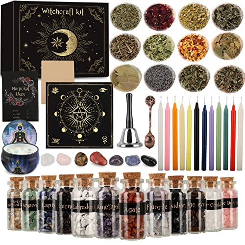 Witchcraft Supplies Kit, 60 PCS Wiccan Supplies and Tools, Include Dried Herb, Crystal Jars, Colored Candles, Witch Bell, Parchment, Witchy Gifts, Witch Starter Kit Altar Supplies Pagan Decor Rituals