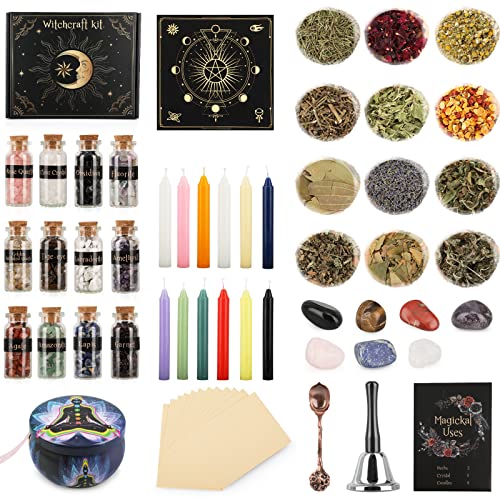 Witchcraft Supplies Kit, 60 PCS Wiccan Supplies and Tools, Include Dried Herb, Crystal Jars, Colored Candles, Witch Bell, Parchment, Witchy Gifts, Witch Starter Kit Altar Supplies Pagan Decor Rituals
