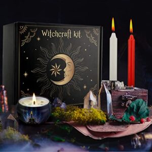 Witchcraft Supplies Kit, 60 PCS Wiccan Supplies and Tools, Include Dried Herb, Crystal Jars, Colored Candles, Witch Bell, Parchment, Witchy Gifts, Witch Starter Kit Altar Supplies Pagan Decor Rituals