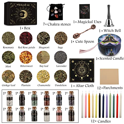 Witchcraft Supplies Kit, 60 PCS Wiccan Supplies and Tools, Include Dried Herb, Crystal Jars, Colored Candles, Witch Bell, Parchment, Witchy Gifts, Witch Starter Kit Altar Supplies Pagan Decor Rituals