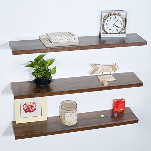 Set of 3 Modern and Contemporary Antique Walnut Floating Shelf 9.25'' X 47.2'' 1.5'' Brown Mid-Century MDF Wood Natural Finish