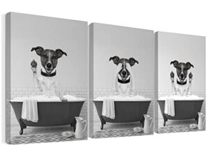 funny dog wall art in bathtub black and white canvas print wall art dog in bathroom picture, dog pictures prints for wall decor funny artworks set of 3 ready to hang for living room, bathroom, bedroom, kids bathroom decor (12″x16″, framed)