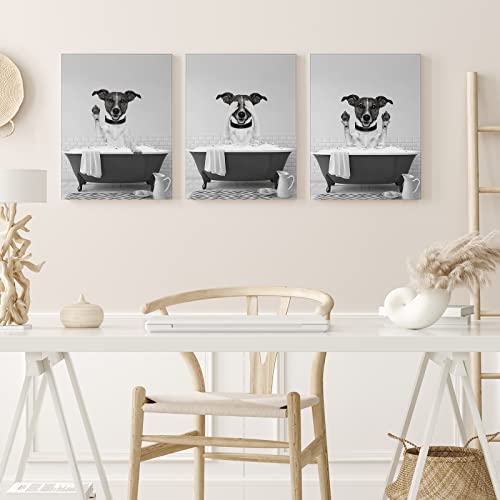 Funny Dog Wall Art in Bathtub black and White Canvas Print Wall Art Dog In Bathroom Picture, Dog Pictures Prints for Wall Decor Funny Artworks Set of 3 Ready To Hang for Living Room, Bathroom, Bedroom, Kids Bathroom Decor (12"x16", Framed)