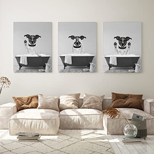 Funny Dog Wall Art in Bathtub black and White Canvas Print Wall Art Dog In Bathroom Picture, Dog Pictures Prints for Wall Decor Funny Artworks Set of 3 Ready To Hang for Living Room, Bathroom, Bedroom, Kids Bathroom Decor (12"x16", Framed)