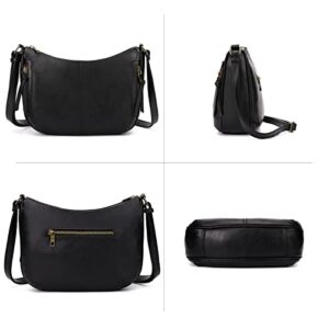 KL928 Small Crossbody Bag for women, Soft PU Leather Shoulder Handbag, Two Front Zipper Pocket Saddle Bag Purse Black