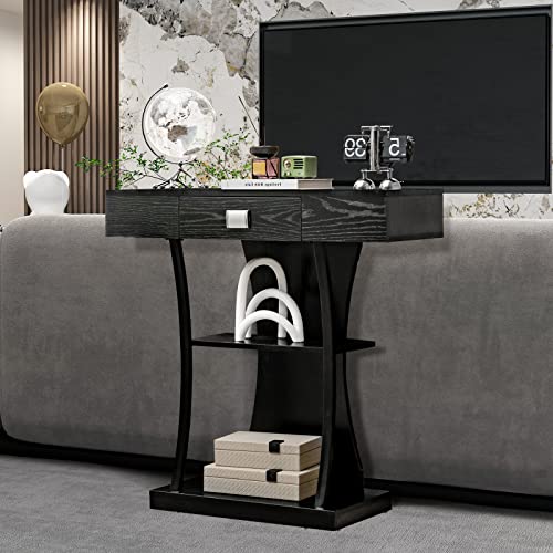 Giantex Narrow Console Table T-Shaped - Behind Couch Table with Drawer, Shelves, Dual Anti-Tipping Kits, Modern Foyer Table, Sofa Side Table for Living Room, Entryway, Hallway, Entry Table (Black)