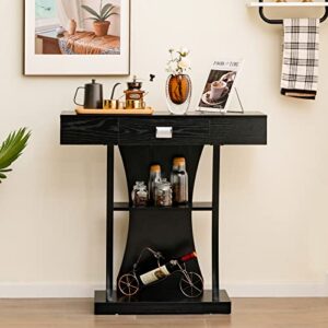 Giantex Narrow Console Table T-Shaped - Behind Couch Table with Drawer, Shelves, Dual Anti-Tipping Kits, Modern Foyer Table, Sofa Side Table for Living Room, Entryway, Hallway, Entry Table (Black)