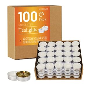 alterego unscented tea lights – 100 pack tealight candles – 4+ hour burn time – clean-burning white palm votive smokeless tealights candles for home, shabbat & anniversaries (100pack)