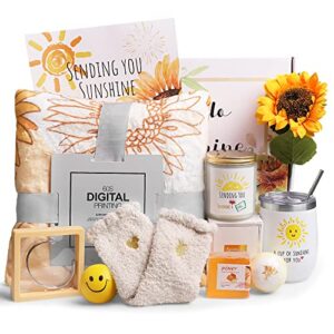 sending sunshine gift, 10pcs sunflower gifts for women, get well soon gifts basket care package unique birthday gifts box with inspirational blanket candle for thinking of you her sister best friend