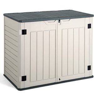 jummico horizontal outdoor resin storage shed 27 cu. ft. garden storage extra large capacity weather resistant storage box for bike, garbage cans, lawnmowe, garden accessories