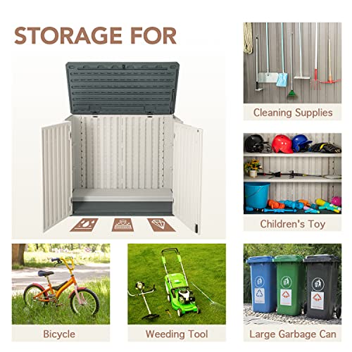 Jummico Horizontal Outdoor Resin Storage Shed 27 Cu. Ft. Garden Storage Extra Large Capacity Weather Resistant Storage Box for Bike, Garbage Cans, Lawnmowe, Garden Accessories