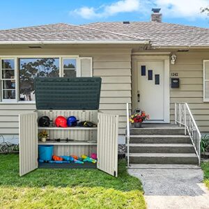 Jummico Horizontal Outdoor Resin Storage Shed 27 Cu. Ft. Garden Storage Extra Large Capacity Weather Resistant Storage Box for Bike, Garbage Cans, Lawnmowe, Garden Accessories