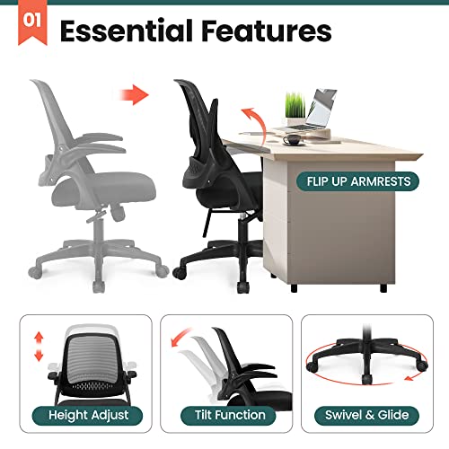 neo chair Office Desk Chair Computer Gaming Chair with Executive Ergonomic Lumbar Back Support Flip-up Padded Armrest Adjustable Height and Wheels for Home or Office (Black)