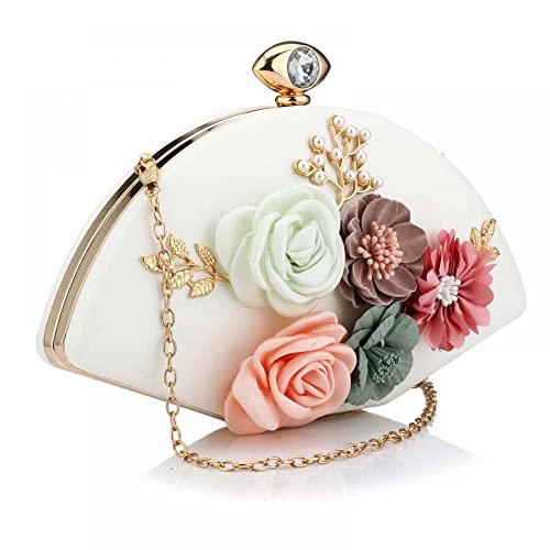 Floral Clutch Purse Leather Clutch Vintage Beaded Evening Handbag Shoulder Bag Women Wedding Purse (White)