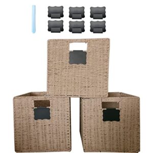 foldable wicker storage basket，baskets for shelves with labels，3-pack pantry baskets、wicker basket、seagrass baskets