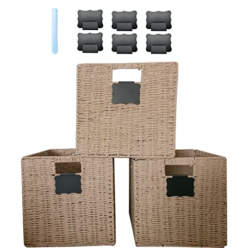 Foldable Wicker Storage Basket，Baskets for Shelves With Labels，3-Pack Pantry Baskets、Wicker Basket、Seagrass Baskets