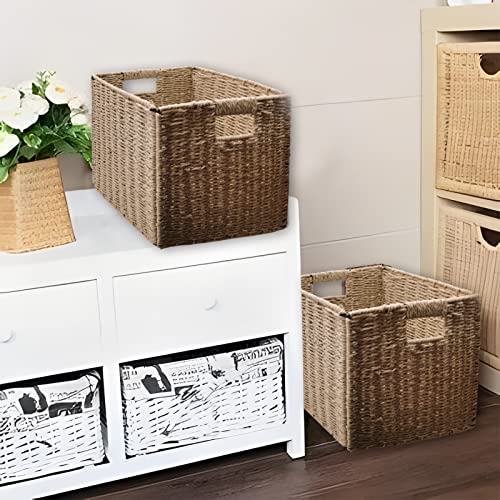 Foldable Wicker Storage Basket，Baskets for Shelves With Labels，3-Pack Pantry Baskets、Wicker Basket、Seagrass Baskets