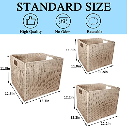 Foldable Wicker Storage Basket，Baskets for Shelves With Labels，3-Pack Pantry Baskets、Wicker Basket、Seagrass Baskets