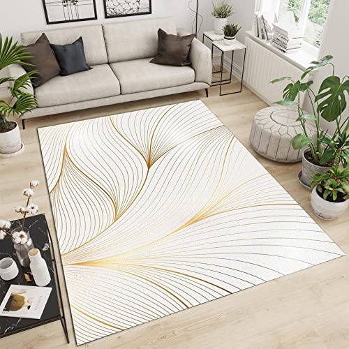 Golden Lines Leaves Texture Area Carpet, Modern White Minimalism Art Bedroom Rug, Floor Carpet Non-Slip Easy Care Soft Washable Printed for Living Room Boy Girl Tea Table Decor4 x 6ft