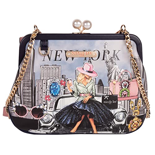 Nicole Lee Pearl Kiss Lock Envelope Crossbody Handbag, Women's Fashion Print Vegan Leather Clutch (Success in New York)