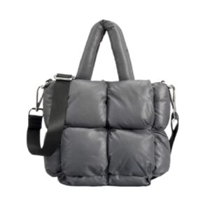 small quilted puffer tote bag for women, cotton padded winter handbag, lightweight soft nylon shoulder bag crossbody bag (grey)