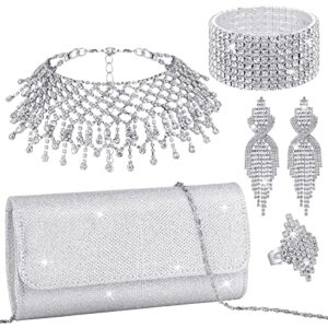 5 pcs silver clutch purses for women evening rhinestone jewelry set bling clutch purse bag rhinestone necklace ring bracelet earring for women party wedding bride jewelry (chain style)