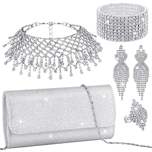 5 Pcs Silver Clutch Purses for Women Evening Rhinestone Jewelry Set Bling Clutch Purse Bag Rhinestone Necklace Ring Bracelet Earring for Women Party Wedding Bride Jewelry (Chain Style)