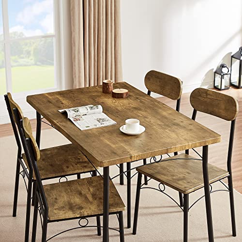 VECELO 5 Piece Dining Table Set, Metal and Wood Rectangular Kitchen Bar Breakfast Nook, Dinette with 4 Chairs, Room, Brown