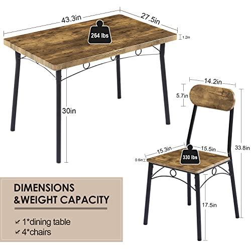 VECELO 5 Piece Dining Table Set, Metal and Wood Rectangular Kitchen Bar Breakfast Nook, Dinette with 4 Chairs, Room, Brown