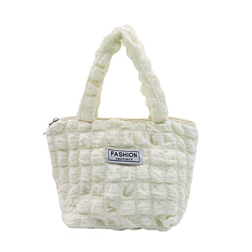 Women Chic Quilted Puffer Tote Bag, Light Solid Color Lattice Shoulder Handbag Soft Puffy Tote