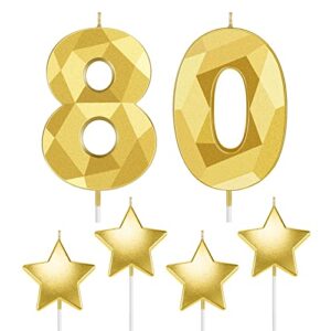 6 pieces 80th birthday candles gold cake numeral candles star shape 80th birthday decorations for women glitter mens candle number cake candles topper decoration for wedding themed party supplies