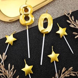 6 Pieces 80th Birthday Candles Gold Cake Numeral Candles Star Shape 80th Birthday Decorations for Women Glitter Mens Candle Number Cake Candles Topper Decoration for Wedding Themed Party Supplies