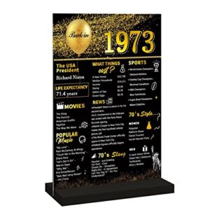 vlipoeasn 50th birthday table decoration for men, black gold back in 1973 acrylic table sign with wooden stand, 50 year old birthday party supplies, 50th birthday gift centerpieces for women