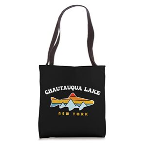 chautauqua lake new york ny retro sunset fishing tote bag