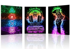 3 pieces neon gaming posters for wall decor, 11″x14″ neon gamers handle playstation keyboard headset canvas art posters, game wall art for teenage room playroom decor, gamer’s gift, (unframed prints)