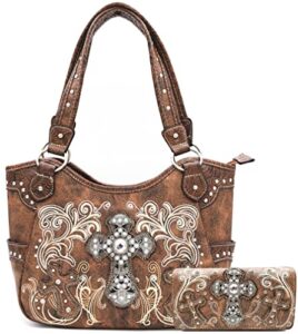 western style rhinestone cross tote concealed carry purse laser cut handbag women shoulder bag wallet set (#2 brown)