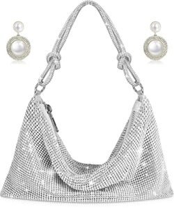 rhinestone hobo bag for women chic sparkly evening handbag clutch bag shiny purse for party club wedding with earrings