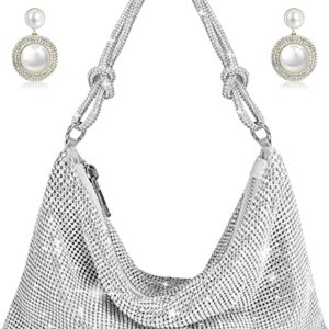 Rhinestone Hobo Bag for Women Chic Sparkly Evening Handbag Clutch Bag Shiny Purse for Party Club Wedding with Earrings