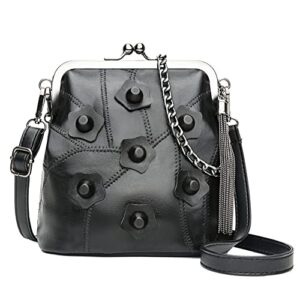 vintage kiss lock shoulder bag with tassel, leather flowers rivets chain handle handbag, retro messenger crossbady satchel for women