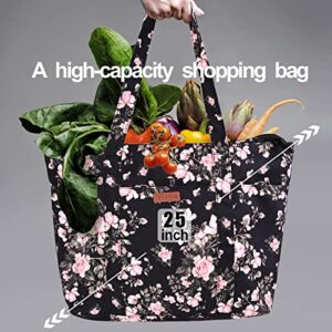 Extra Large Canvas Tote Bag for Women Beach Handbag Lightweight 22 inch Women Fashion Shoulder Bag for Hauling Beach Gear, Shopping Finds, or Everyday Essentials（Black Flower）