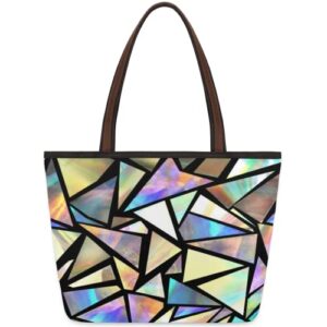 Geometric Colorful Large Totes Top Handle Purse Women Shoulder Bag, Modern Geometrical Tote Bag with Zipper Handbag for Travel School Girls