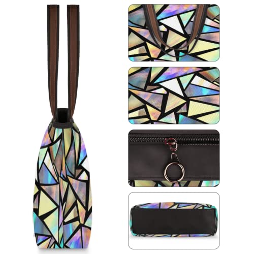 Geometric Colorful Large Totes Top Handle Purse Women Shoulder Bag, Modern Geometrical Tote Bag with Zipper Handbag for Travel School Girls